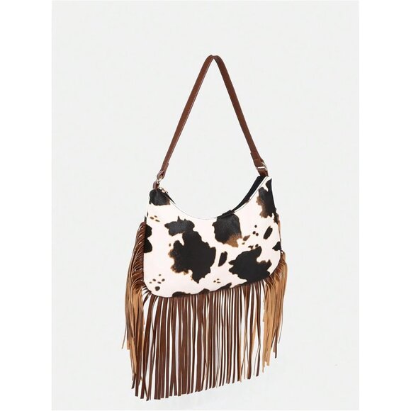 Women's Western Cow Print Fringe Trim Faux Leather Shoulder Bag Zipper Purse - Picture 2 of 6